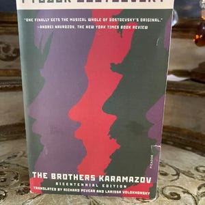 May include: A book cover for "The Brothers Karamazov" by Fyodor Dostoevsky. The cover features a red and purple silhouette of faces against a dark green background. The title and author's name are in white, with text from The New York Times Book Review.