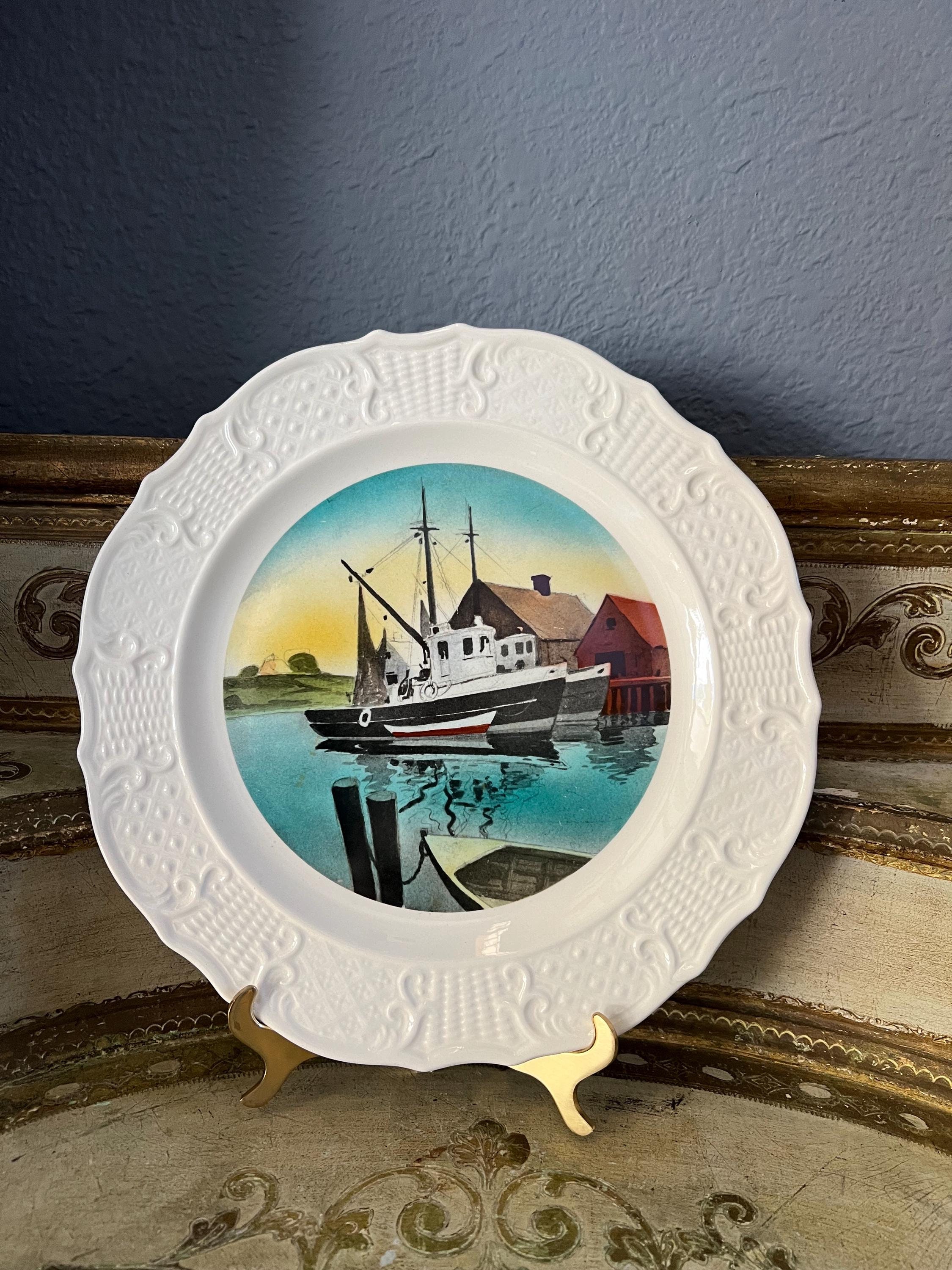 Vintage Delano Studios Dinner Plate, New England Fishing Boat