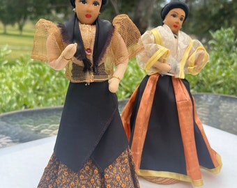 Vintage hand crafted Filipino dolls Folk art. Imelda Marcos doll. 9.5" tall by 3". Excellent condition.
