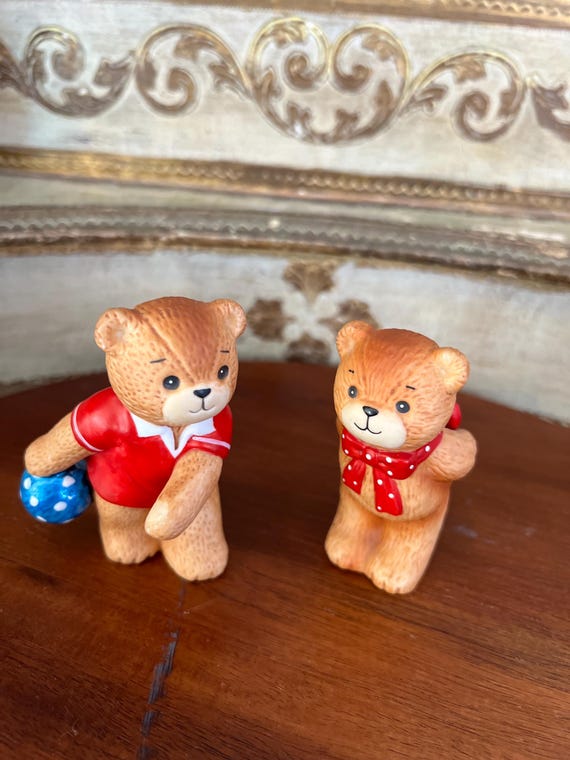 Vintage Enesco Lucy and Me Teddy Bear Figurines, Bowling and Heart