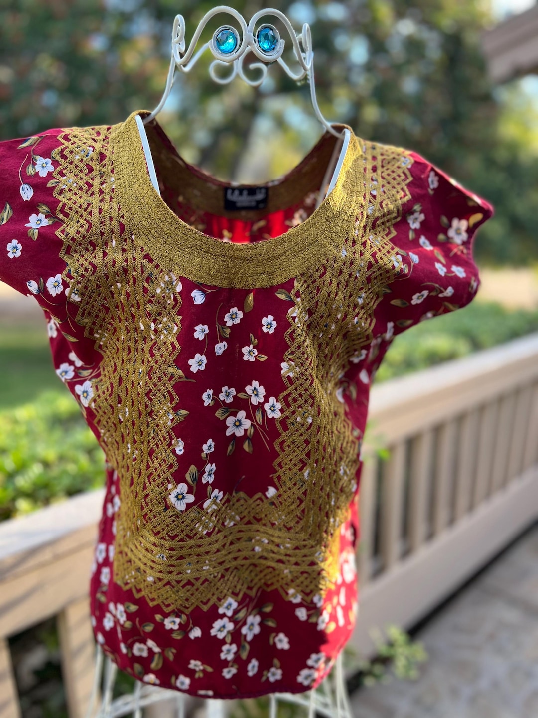 Handmade Oaxacan Huipil Blouse: Burgundy & Gold Chenille