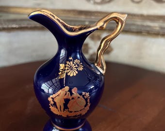Limoges Porcelain Miniature Vase, Malbec France, Cobalt Blue, 22k