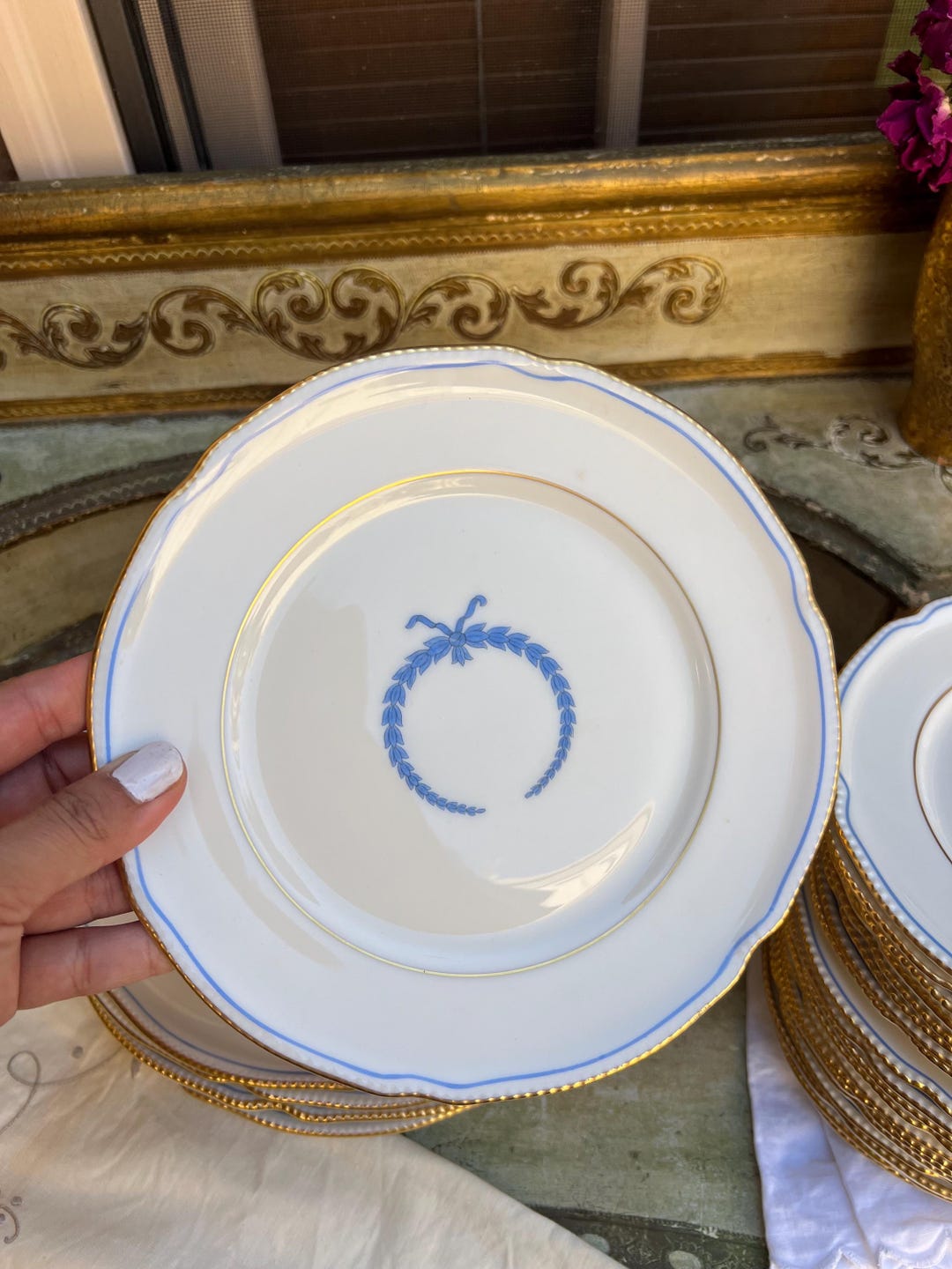Vintage Castleton Empire Porcelain Plate Set, Gold Rim Blue Accent - Etsy