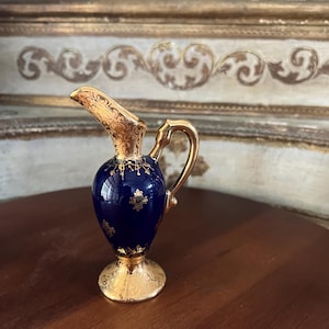 Exquisite, Miniature vase or pitcher. Limoges France D&#39;art porcelain. Cobalt blue and 22k gold accents.4.5&quot; tall x 2 &quot; wide.