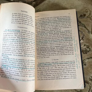 May include: A page from a vintage book titled "Nature" with a yellowed, cream-colored background. The text discusses the concept of nature and its relationship to humanity. The text is in black font and the page number "11" is in the top right corner.