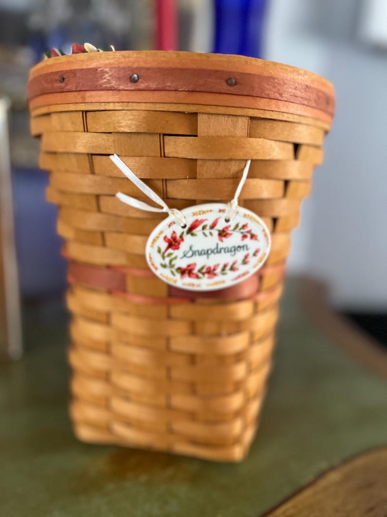May include: A woven basket with a rectangular shape, featuring a light brown color with reddish-brown accents. A decorative tag with the word "Snapdragon" and floral designs hangs from the basket. The basket is likely used for storage or display.