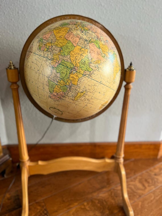 Replogle Midcentury Globe Floor Lamp, Oak and Brass Stand, Soviet