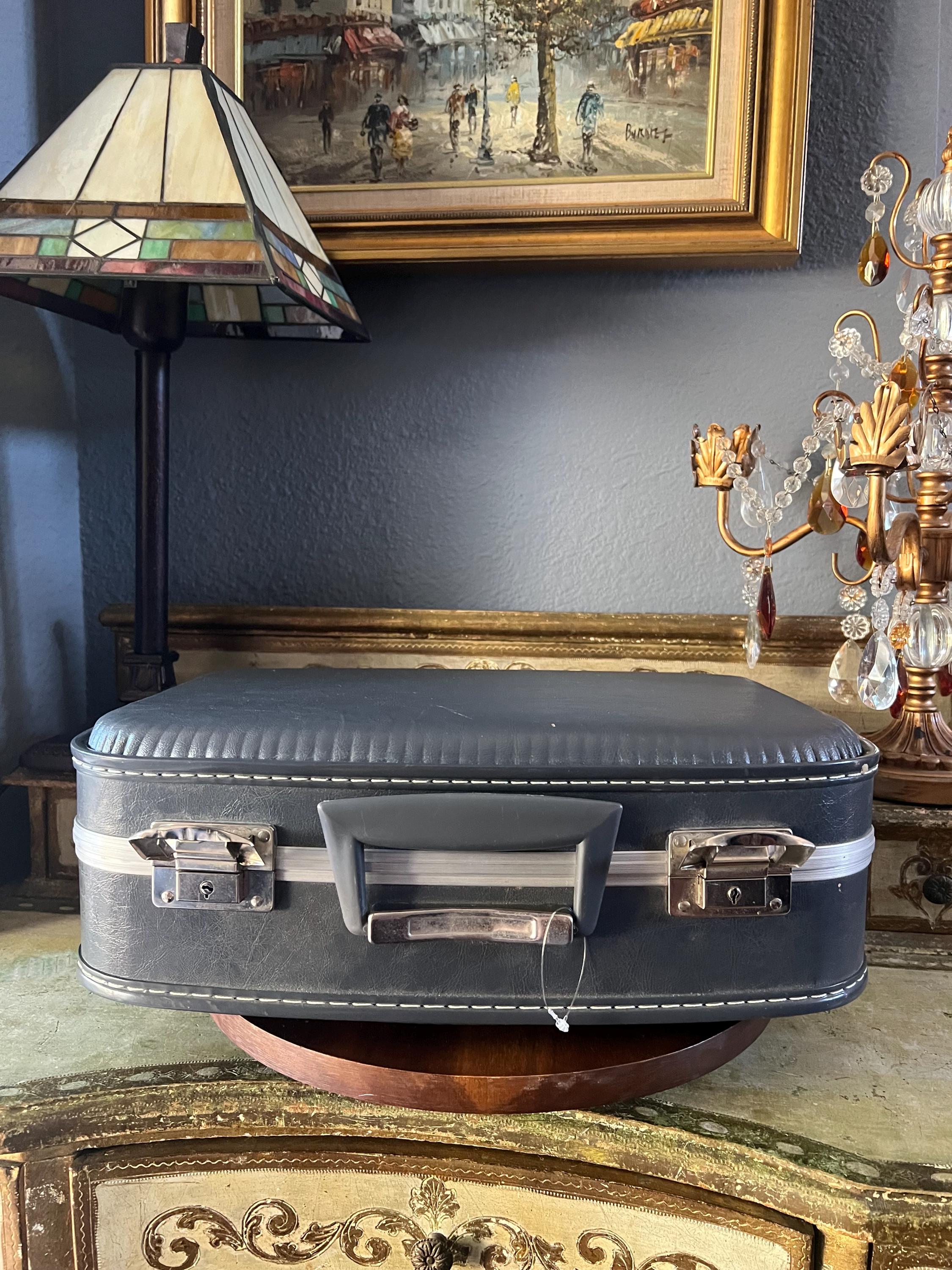 Retro, 70's Blue Luggage, Small Vanity Suitcase With Mirror. Hard