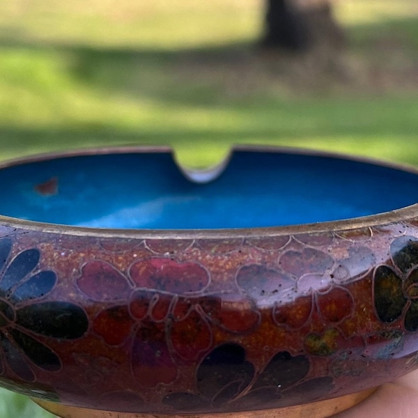 Vintage Chinese Cloisonne Ash tray. Blue with lotus flowers decor. Hand painted. 4 inches diameter by " tall.