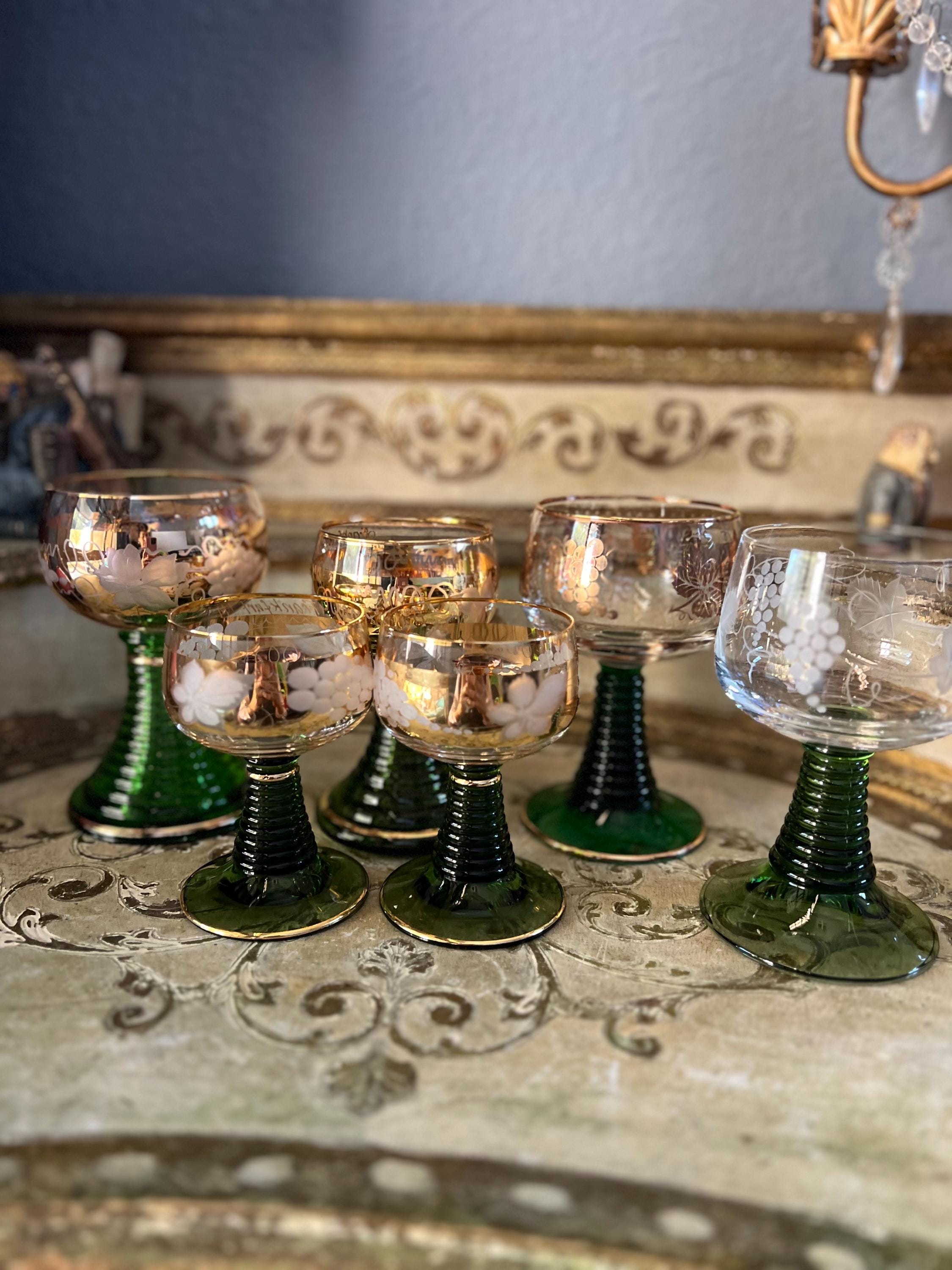 Vintage Bockling Green Glass, 22K Gold Etched Floral Wine Glass