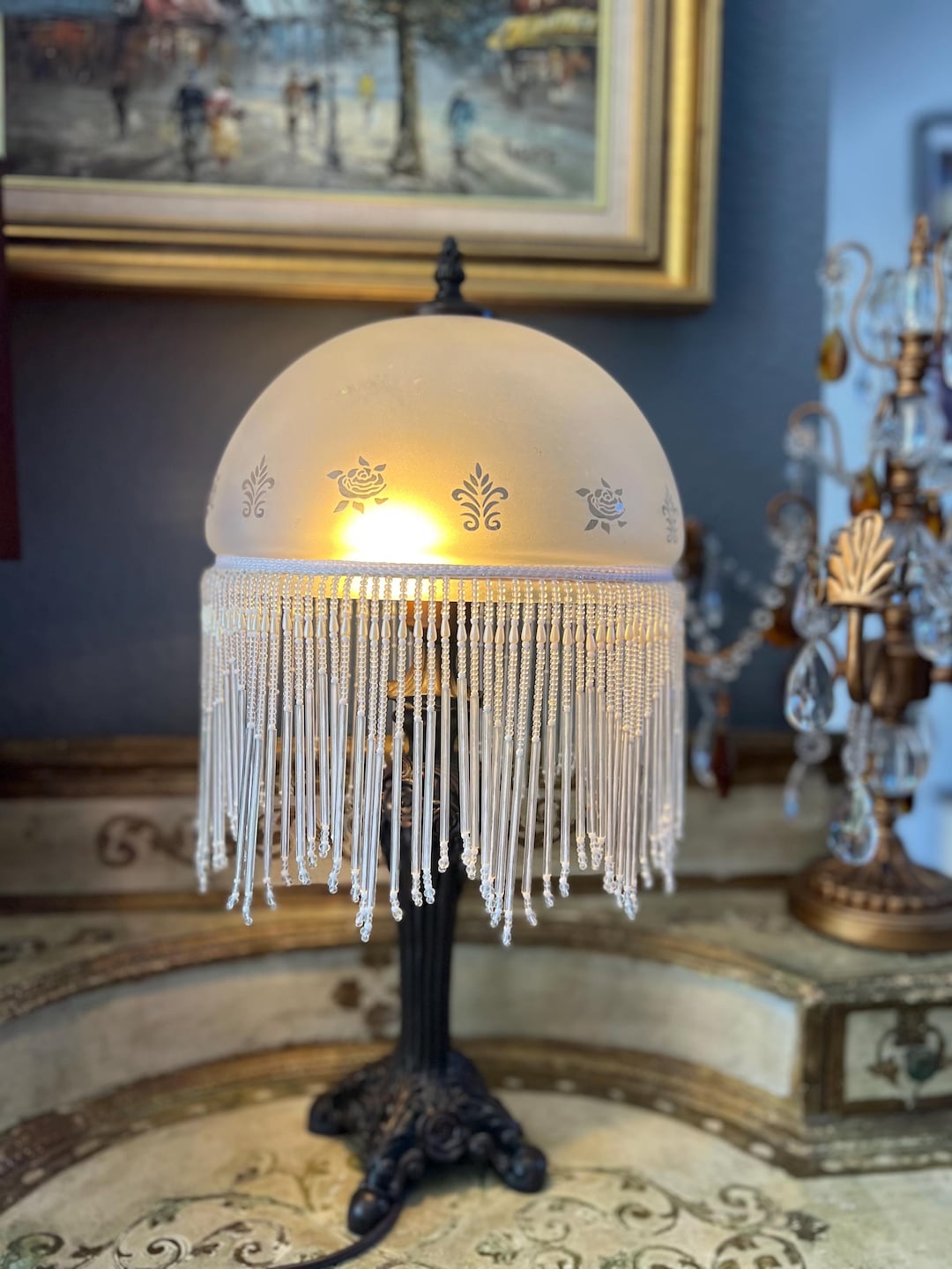 Vintage, Victorian Style Table Lamp, Cheyenne Beaded Fringe, Frosted ...