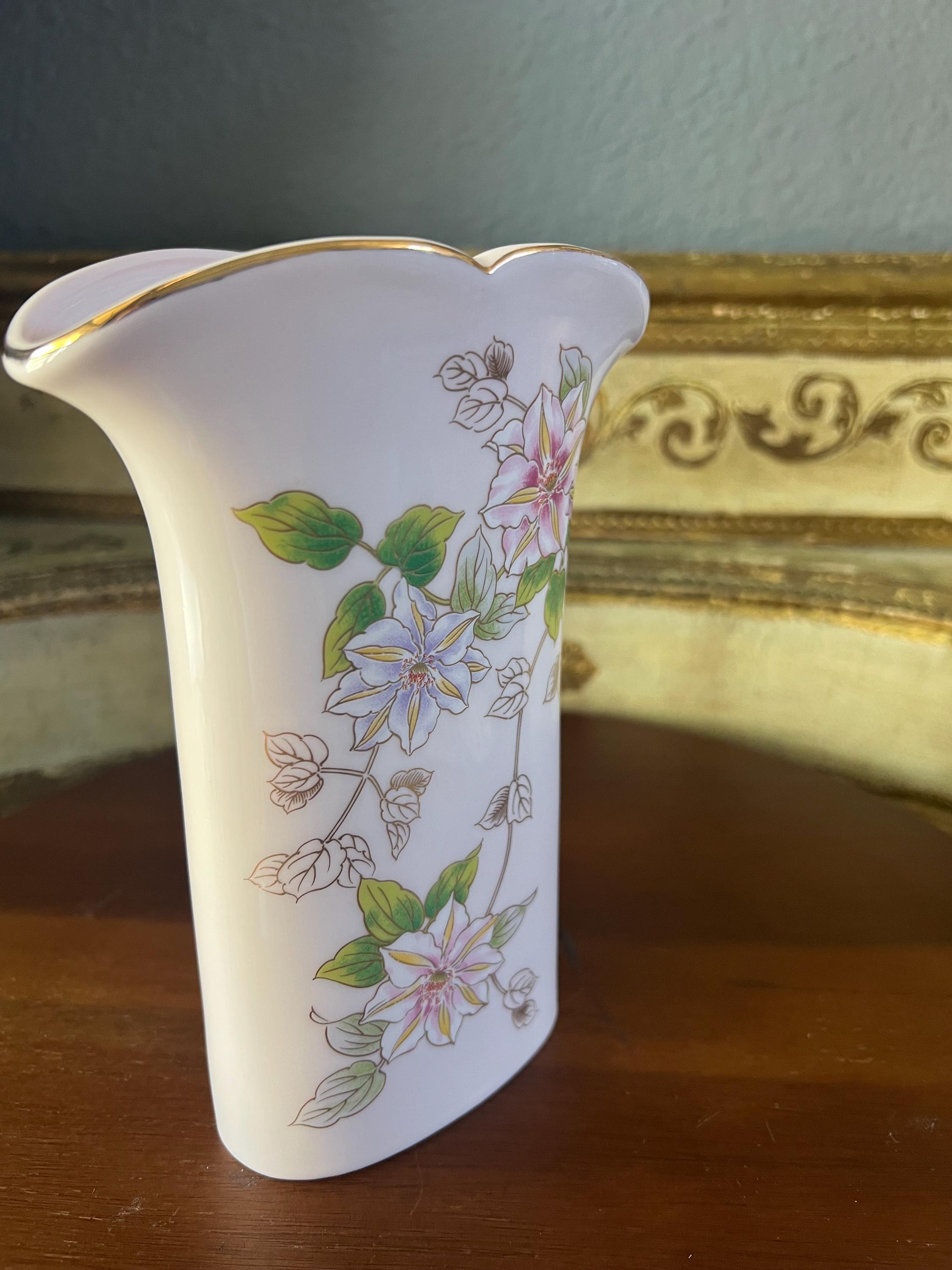 Vintage Japanese Porcelain Flower Vase, Hand-painted Floral Design