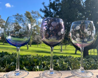 Colorful, vibrant, Marquis by Waterford purple polka dot goblets. 8.5x3.5 inches. Sold individually