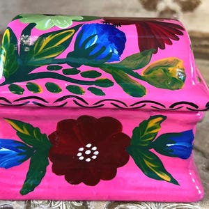 Vintage Handmade Hand Painted Red Clay Mexican Ceramic Trinket Box Pink and Floral Decor with Red Bird  4.5&quot; x 3.5&quot; x 3&quot;
