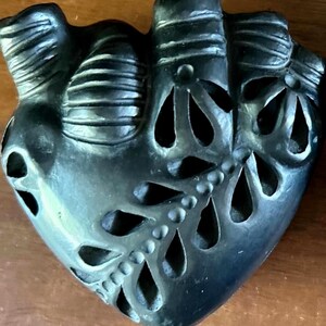 Handmade Hand Carved Traditional Intricate Black Clay Pottery Hearts, Wall Mountable Decor, 4&quot; x 3.5&quot; x 1.5&quot;