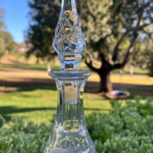 May include: A clear glass decanter with a diamond pattern and a faceted stopper. The stopper is elongated and tapers to a point. The decanter is set against a blurred background of green foliage and a tree.