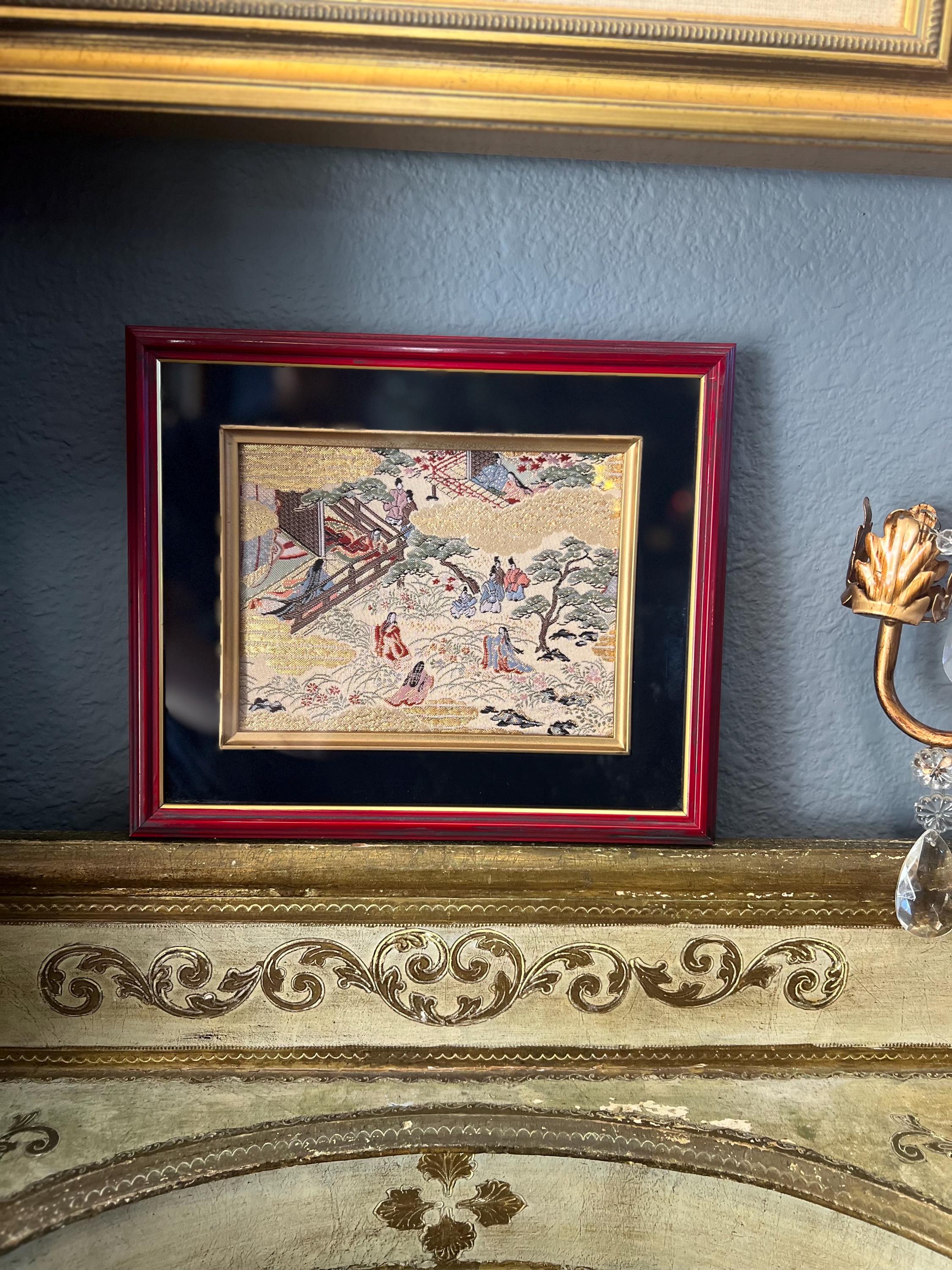 ✨新品✨レッドポピーズ:1 ArtistD.NENGERMAN 絵画 額縁付き Framed Silk Embroidered Art, Japanese Village Geishas, Signed Rie