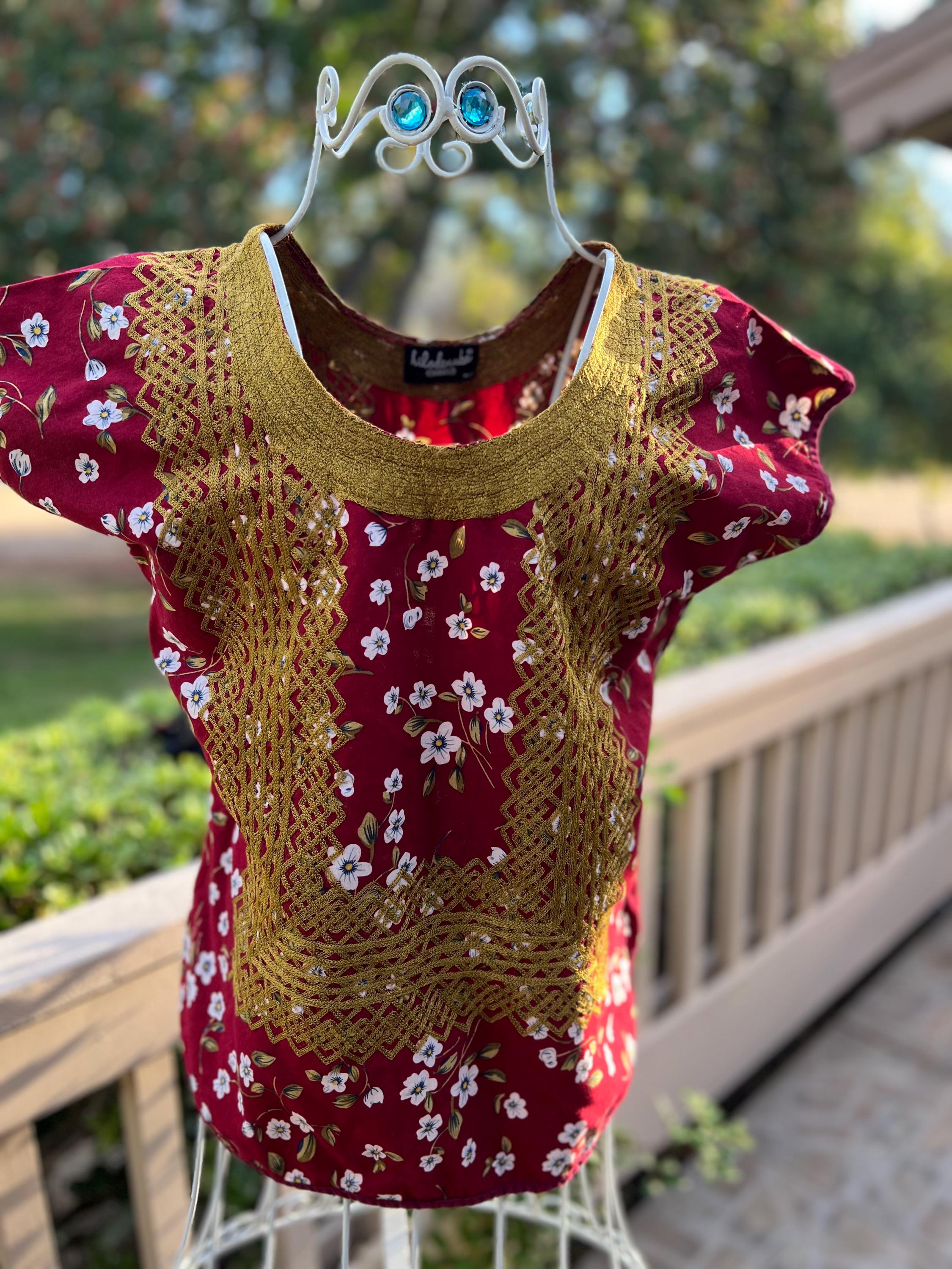 Handmade Oaxacan Huipil Blouse: Burgundy & Gold Chenille