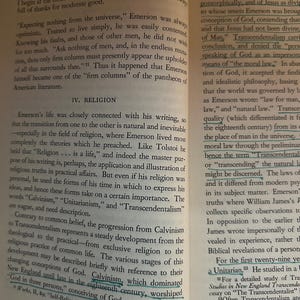 May include: A page from a book about the life and writings of Ralph Waldo Emerson. The text discusses Emerson's transition from Calvinism to Transcendentalism, highlighting his views on religion and the importance of "the moral law".