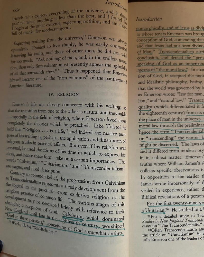 May include: A page from a book about the life and writings of Ralph Waldo Emerson. The text discusses Emerson's transition from Calvinism to Transcendentalism, highlighting his views on religion and the importance of "the moral law".