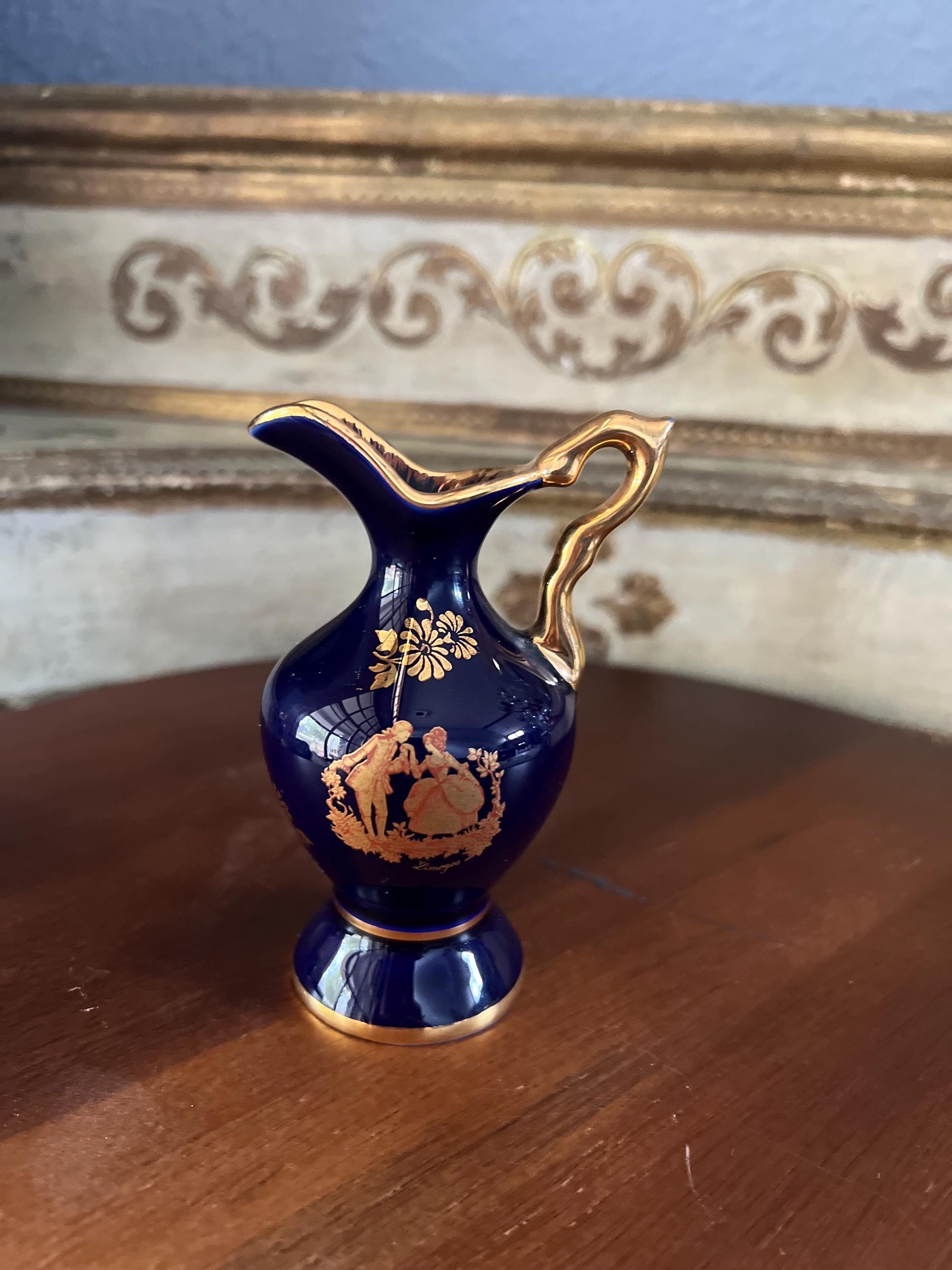 Limoges Porcelain Miniature Vase, Malbec France, Cobalt Blue, 22k