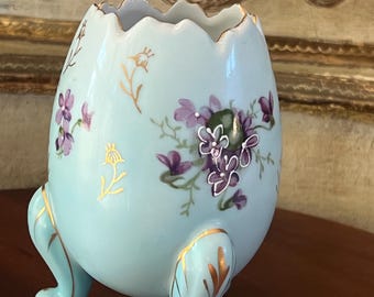 Vintage Hand Painted Porcelain Egg, Light Blue With Purple Flowers