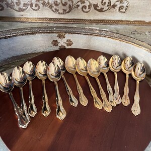 May include: A set of 12 gold-plated teaspoons with ornate handles. The spoons are arranged in a semi-circle on a wooden surface.