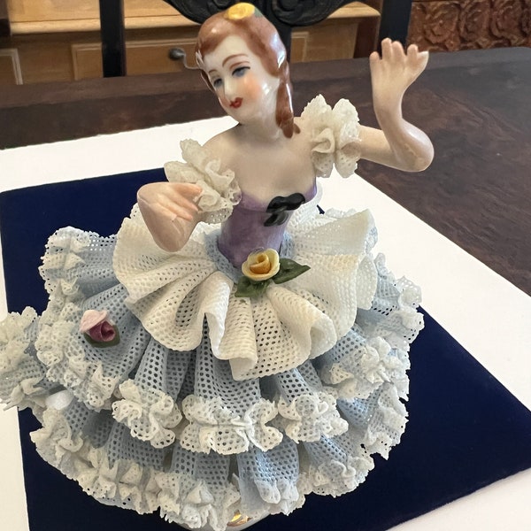 D Original Germany Dresden lace porcelain doll. From 1920's. Ballerina in Purple suite and blue dress.