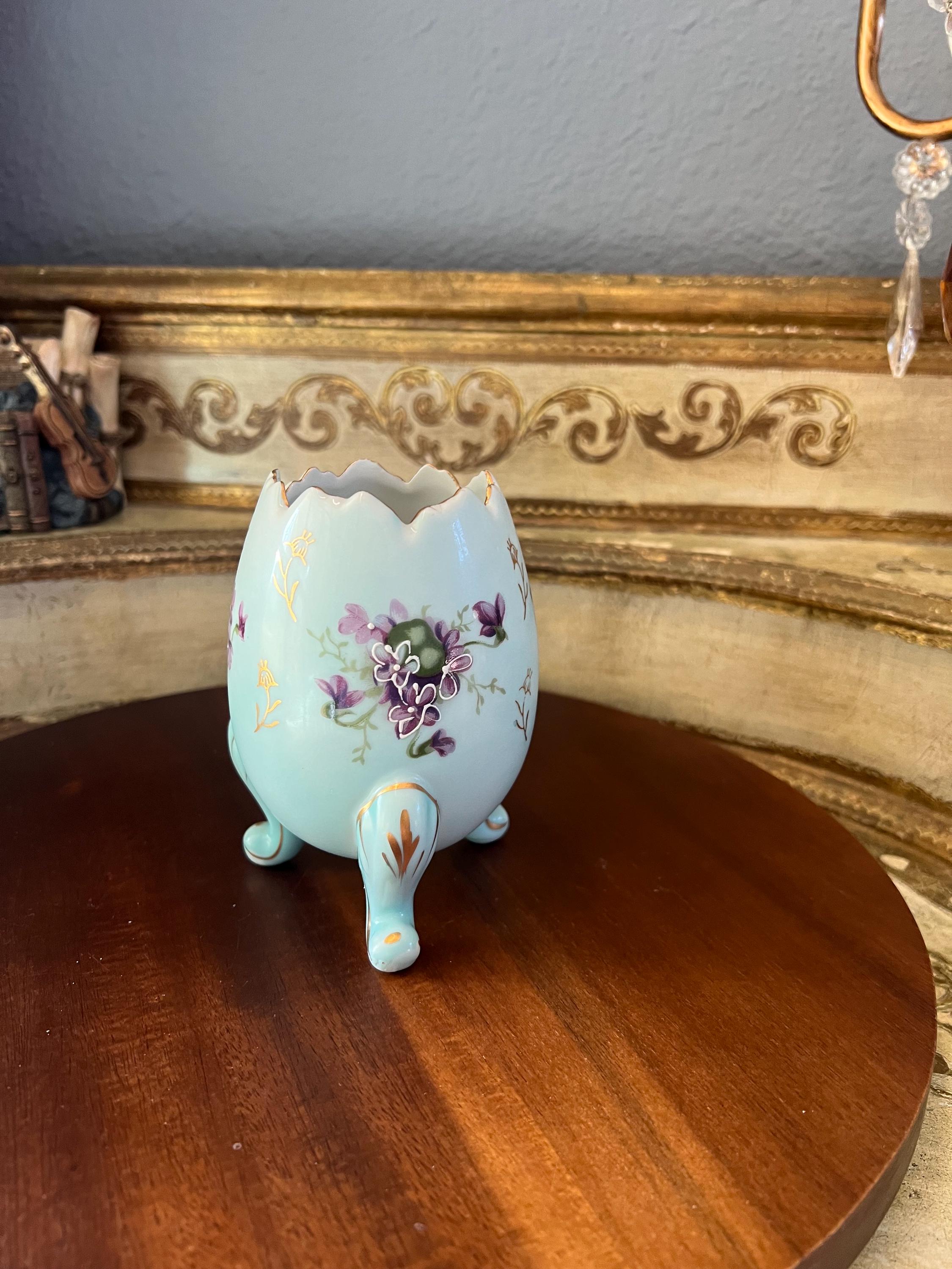 Vintage Hand Painted Porcelain Egg, Light Blue With Purple Flowers