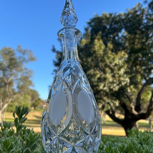 May include: A clear glass decanter with a diamond-cut pattern and a pointed stopper. The decanter has a bulbous body with two oval frosted sections. The background features green foliage and a blue sky.