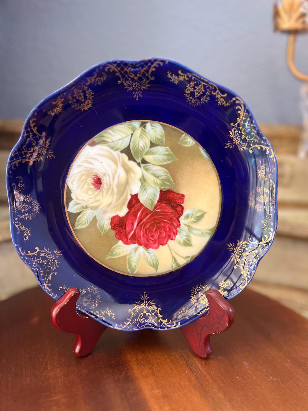 Bavaria Rosenthal Cobalt Blue Salad Plate, Red Roses, Gold