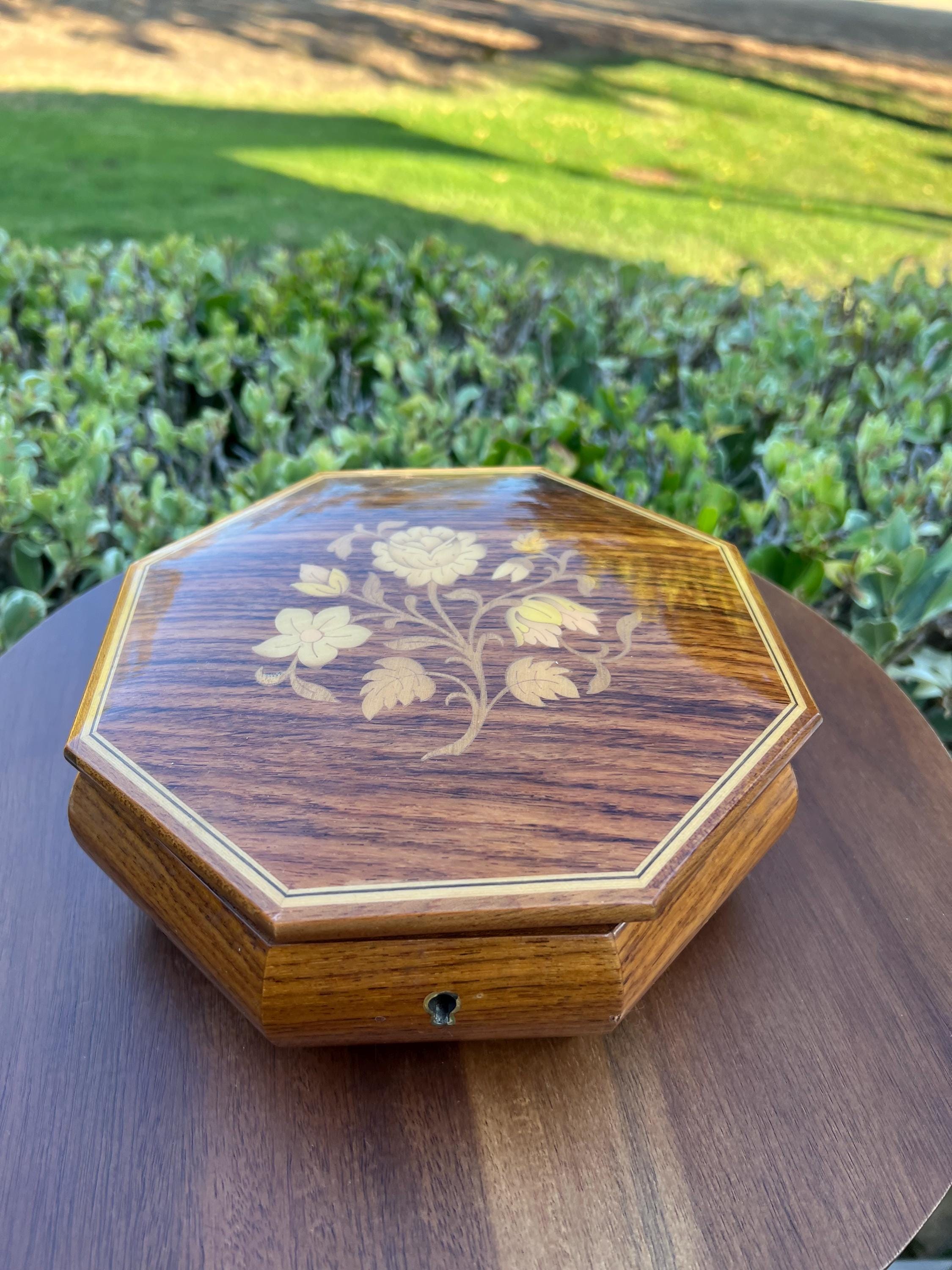 Vintage Reuge Octagonal Musical Wooden Jewelry Box Wood Inlay