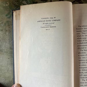 May include: A close-up of a book's copyright page, showing the text "Copyright, 1934, by American Book Company. All rights reserved. Carpenter's Emerson E.P. 2. Made in U.S.A."