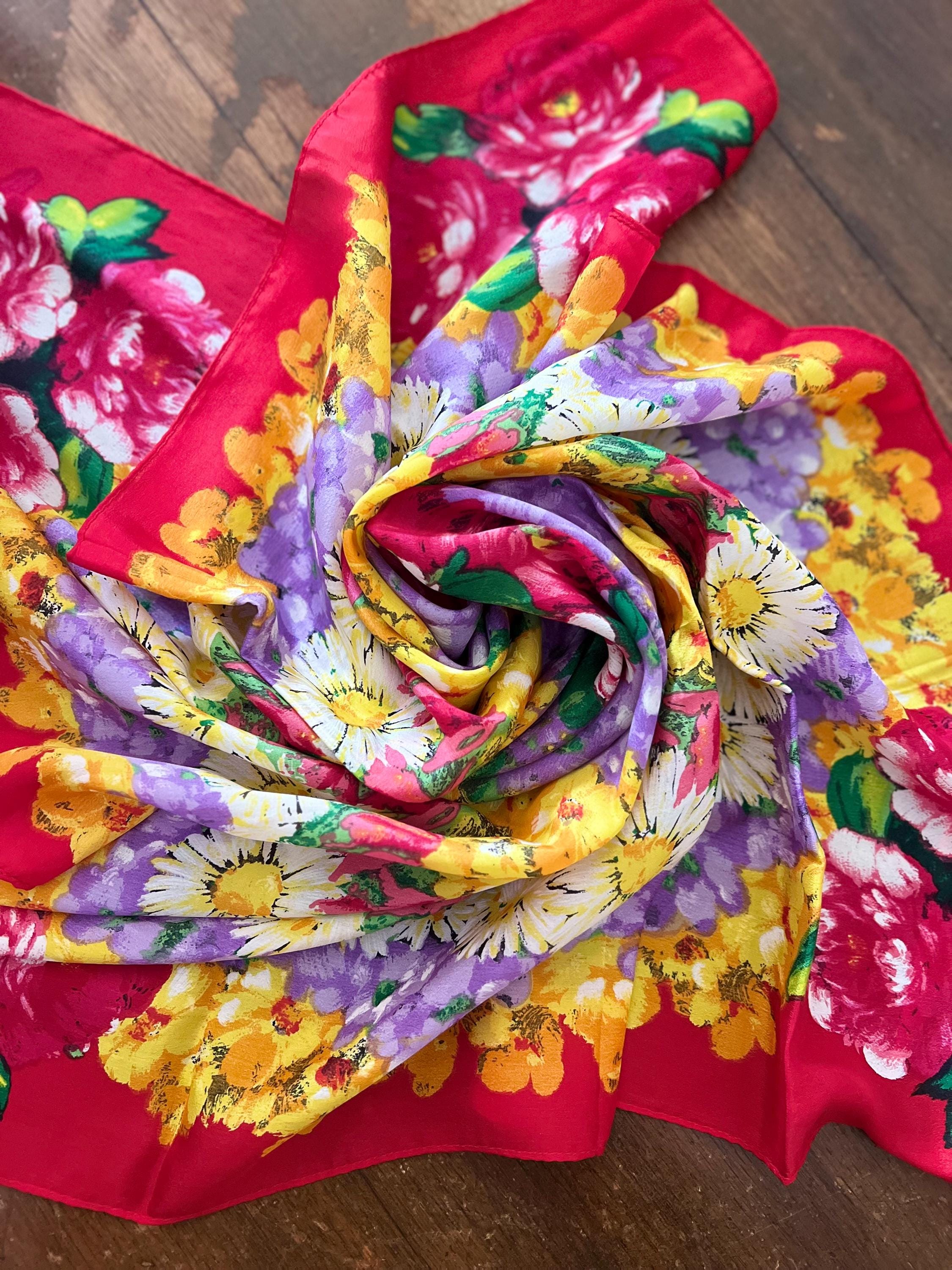 Vintage Oscar De La Renta Silk Scarf, Floral Print, Made in Japan