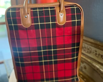 70s Vintage Keen Seeley Picnic Thermos Bag, Plaid & Leather