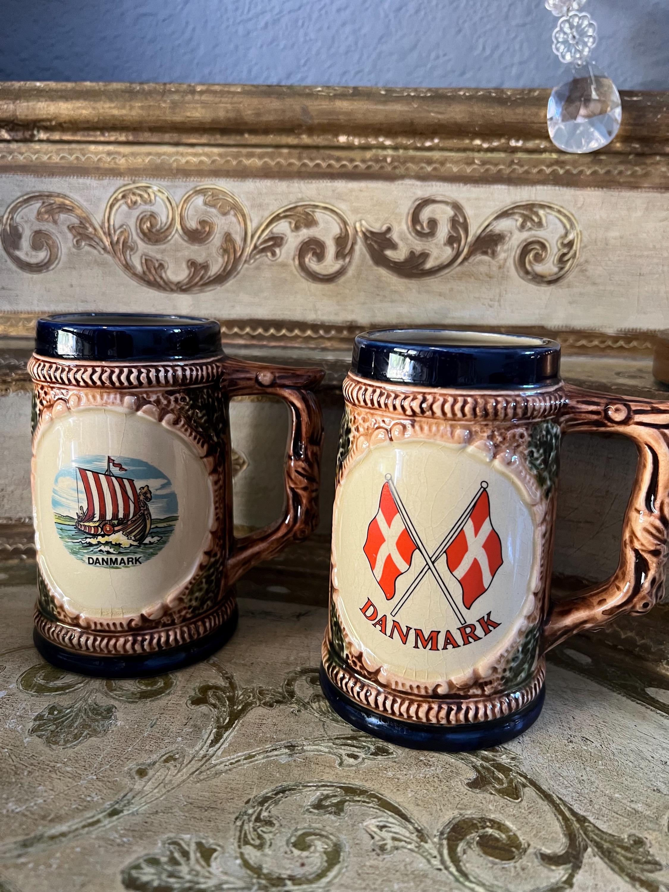Vintage Danmark Ceramic Beer Stein, Hand Painted Viking Ship or