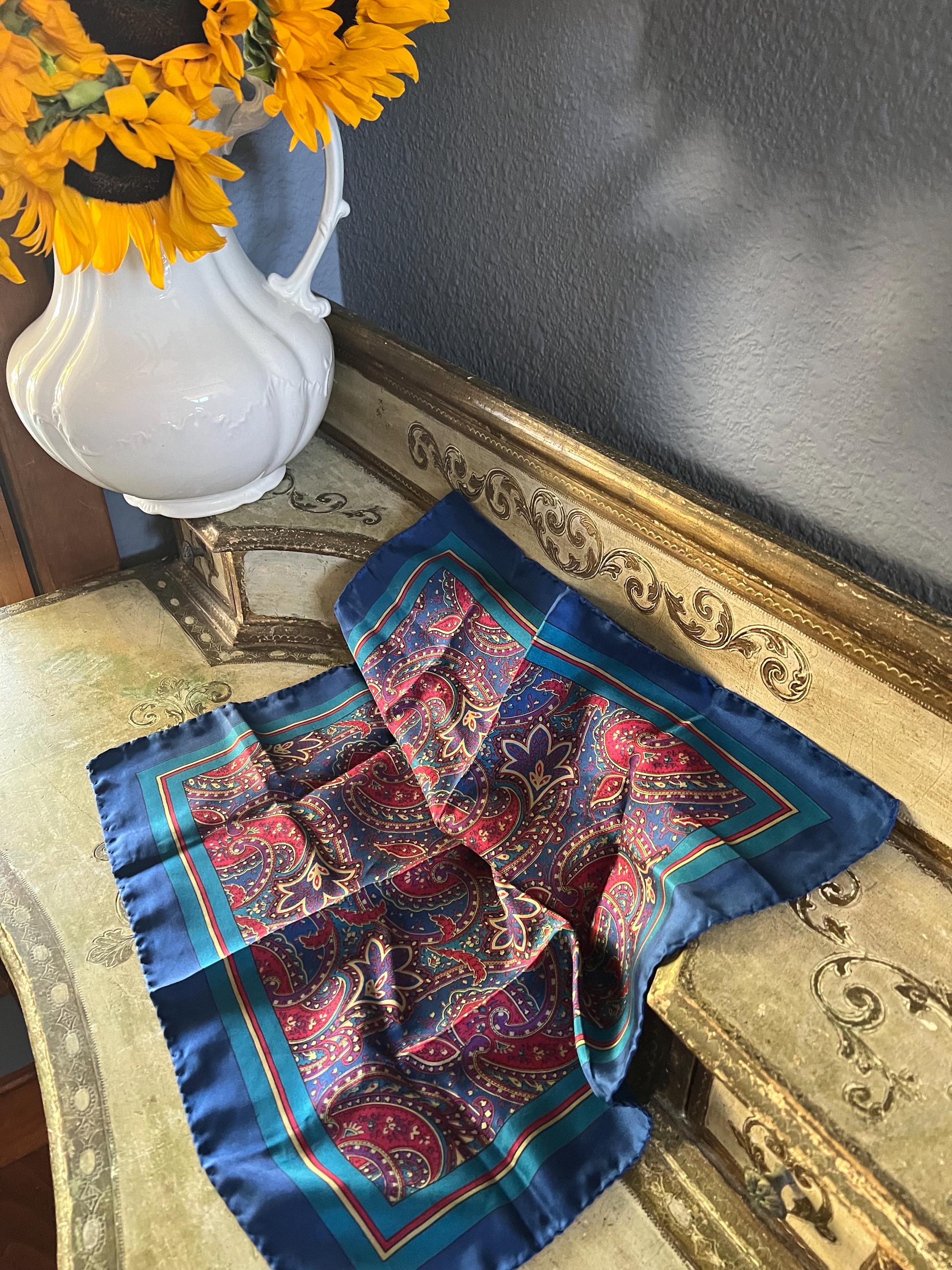 Vintage Christian Dior Paisley Silk Scarf, Blue Purple Tones 17x17