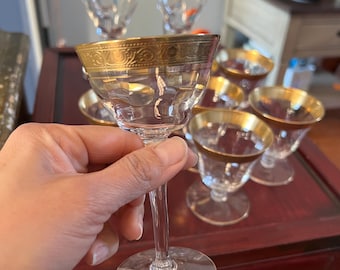 Midcentury modern Tiffin Minton wine and cordial glasses. Flowered pattern. See description section.
