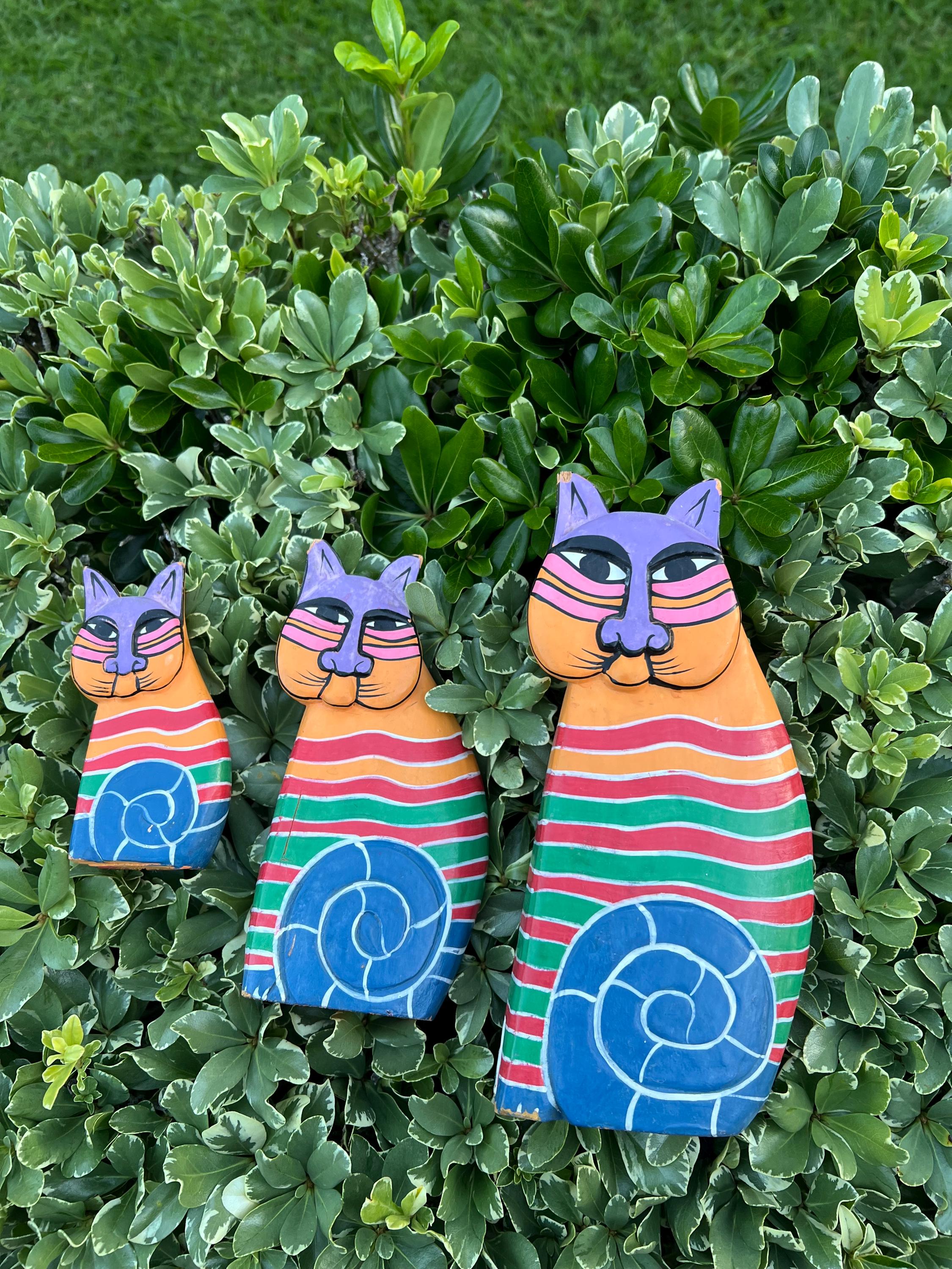 Laurel Burch Wooden Cats. Hand Painted. Set of 3 Cats. See