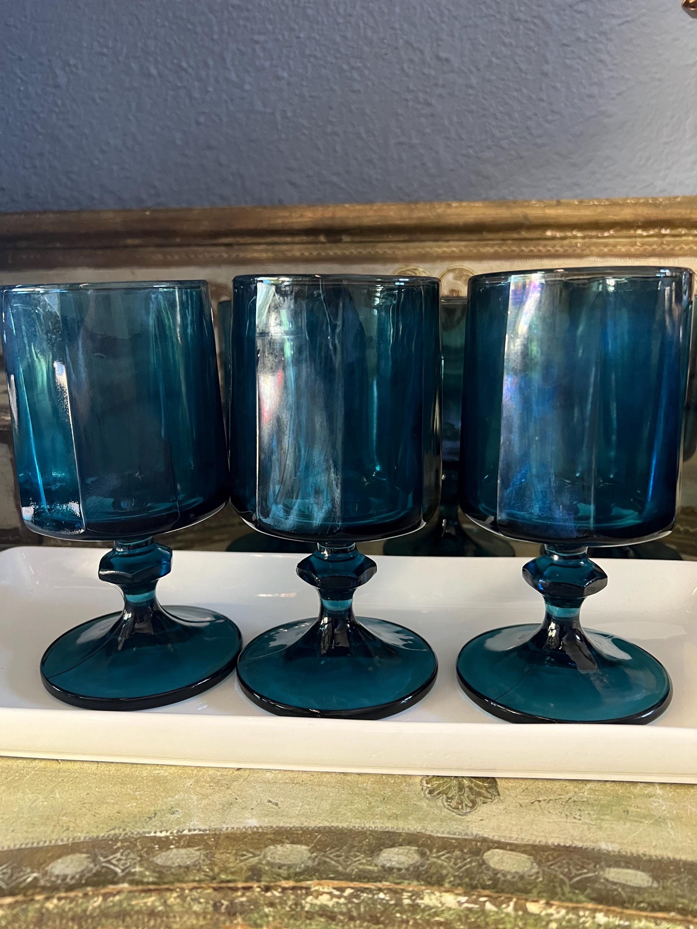 New Modern, Retro Nouveau in Riviera Blue. Colony glass company. Made in USA. Sturdy heavy glass. Each one is 1 pound. 6"tall x 3" wide.