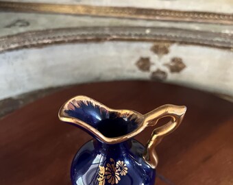 Limoges Porcelain Miniature Vase, Malbec France, Cobalt Blue, 22k