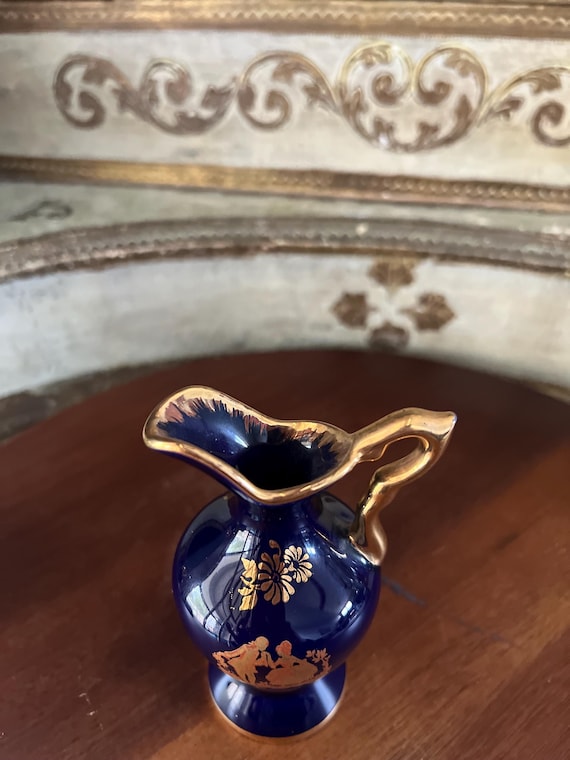 Limoges Porcelain Miniature Vase, Malbec France, Cobalt Blue, 22k