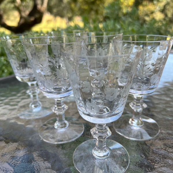 Vintage Etched Tiffin cordial glasses. Floral design.1 Set of 10 pieces available.  Excellent condition.4.25"tall x 3.5" wide.