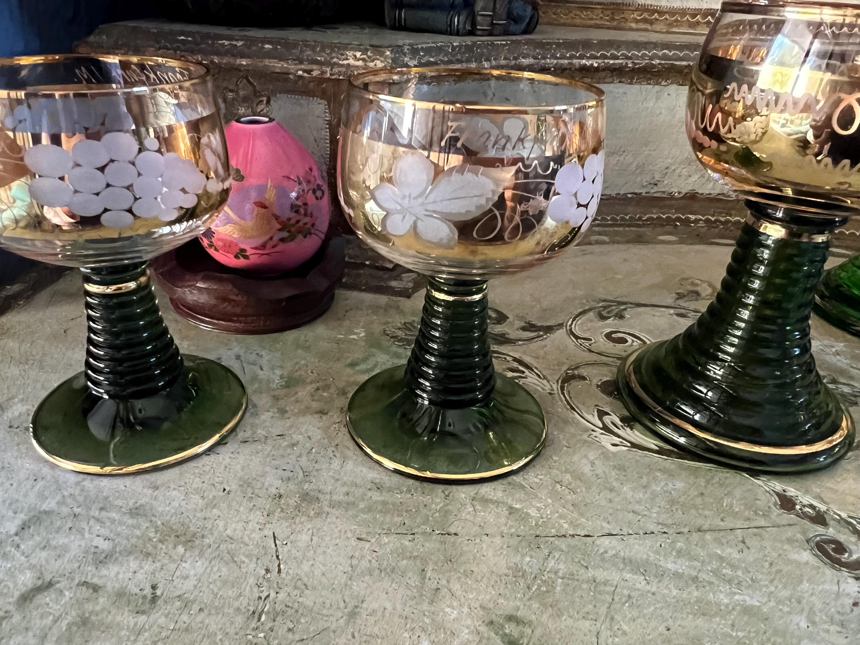 Vintage Bockling Green Glass, 22K Gold Etched Floral Wine Glass
