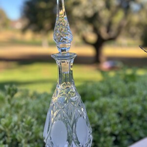 May include: A clear glass decanter with a tall, pointed stopper. The decanter has a diamond pattern and frosted oval designs. The stopper is textured with a detailed pattern. The background is blurred, showing greenery and a tree.