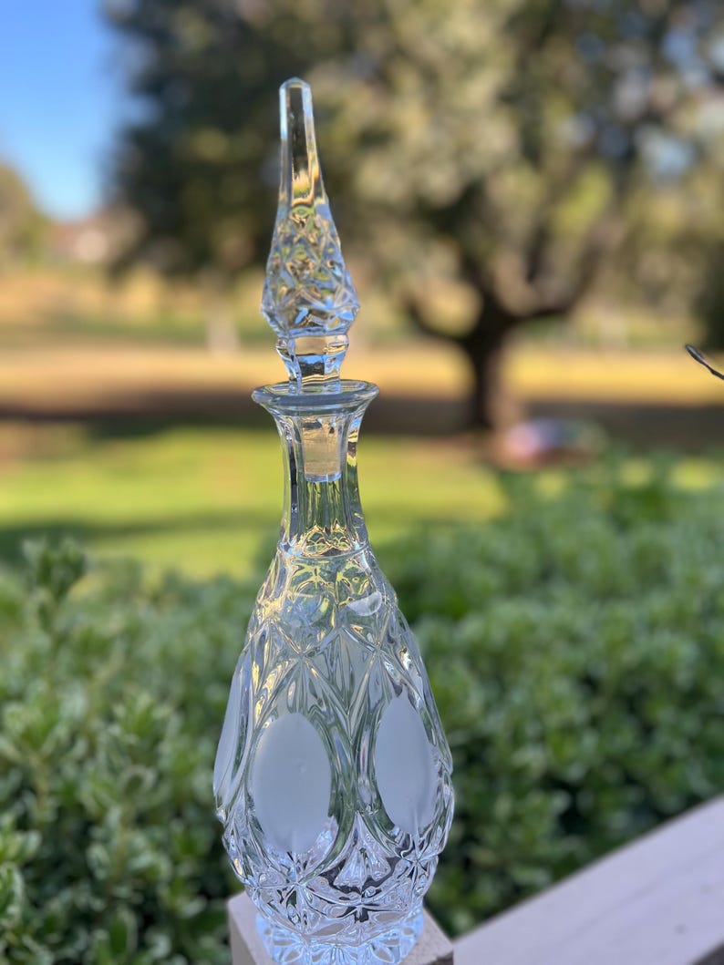 May include: A clear glass decanter with a tall, pointed stopper. The decanter has a diamond pattern and frosted oval designs. The stopper is textured with a detailed pattern. The background is blurred, showing greenery and a tree.