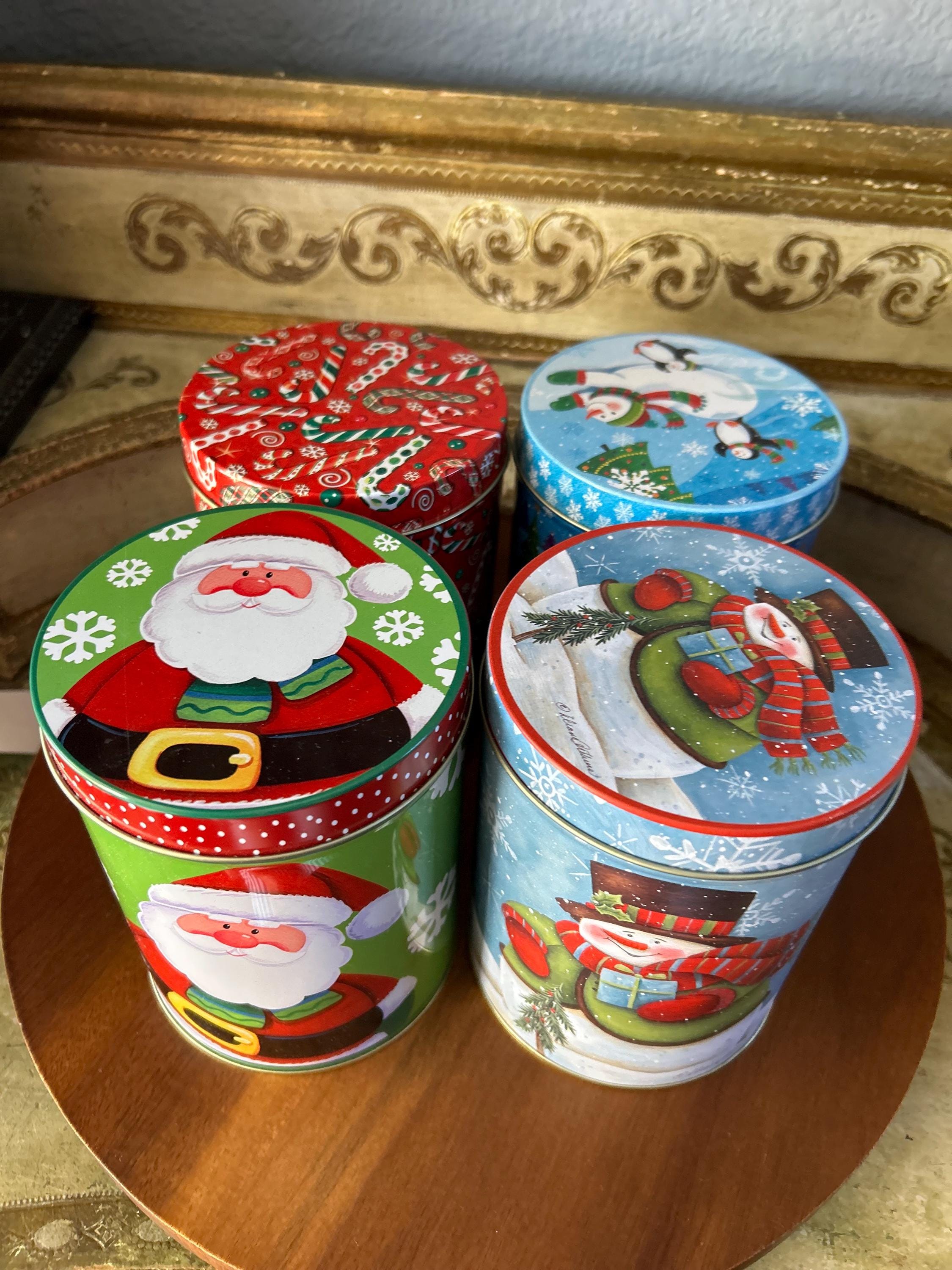 Vintage Lindy Bowman Christmas Tin, Santa, Snowman, Candy Cane