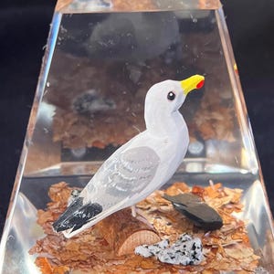 Vintage Mouette, Seagull Hand carved and painted wood on Lucite box. Made in Canada. 3.75&quot; Height x3.25 Wide.