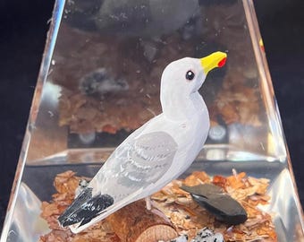 Vintage Hand Carved Wood Seagull in Lucite Box, Made in Canada