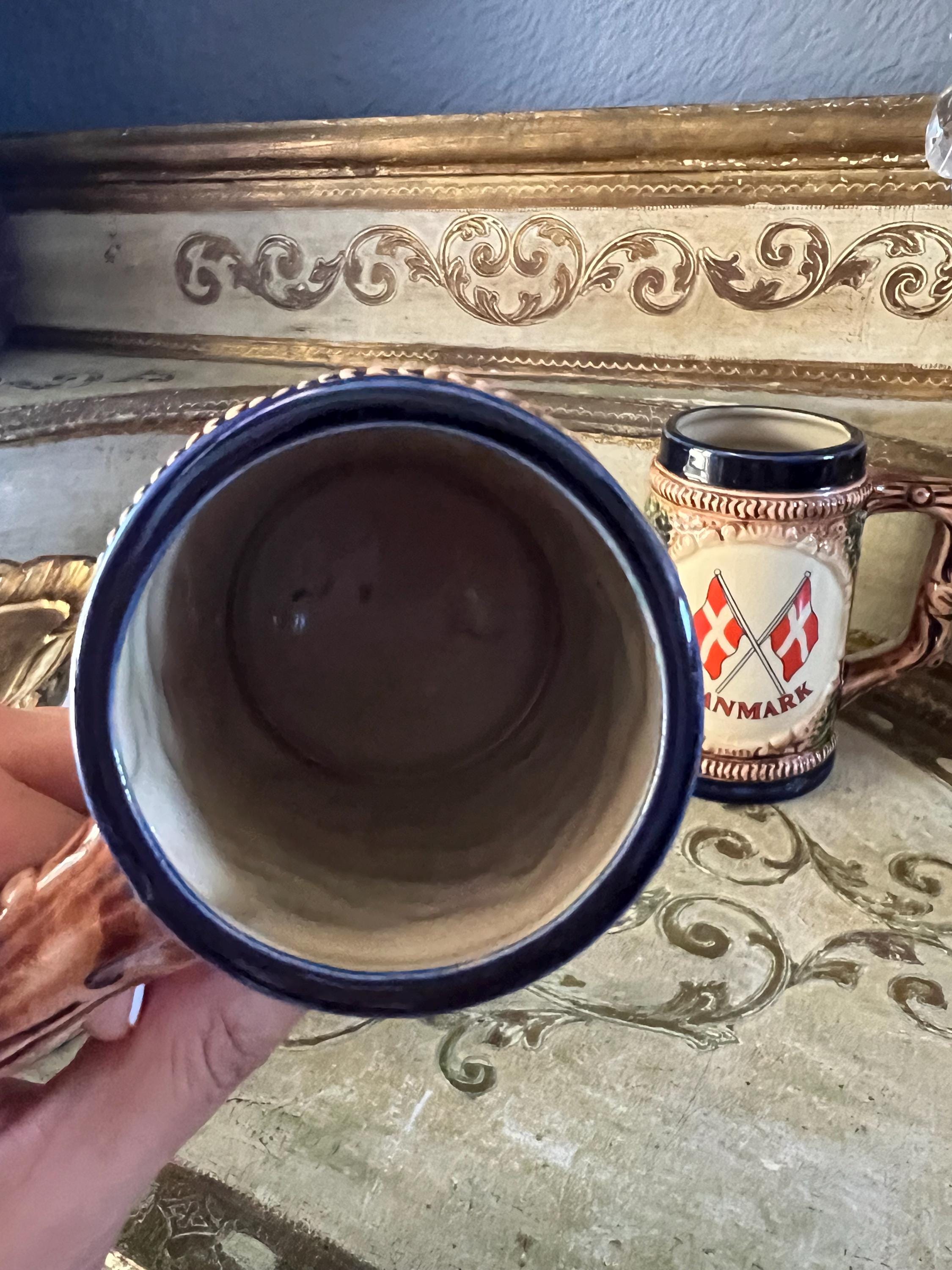 Vintage Danmark Ceramic Beer Stein, Hand Painted Viking Ship or